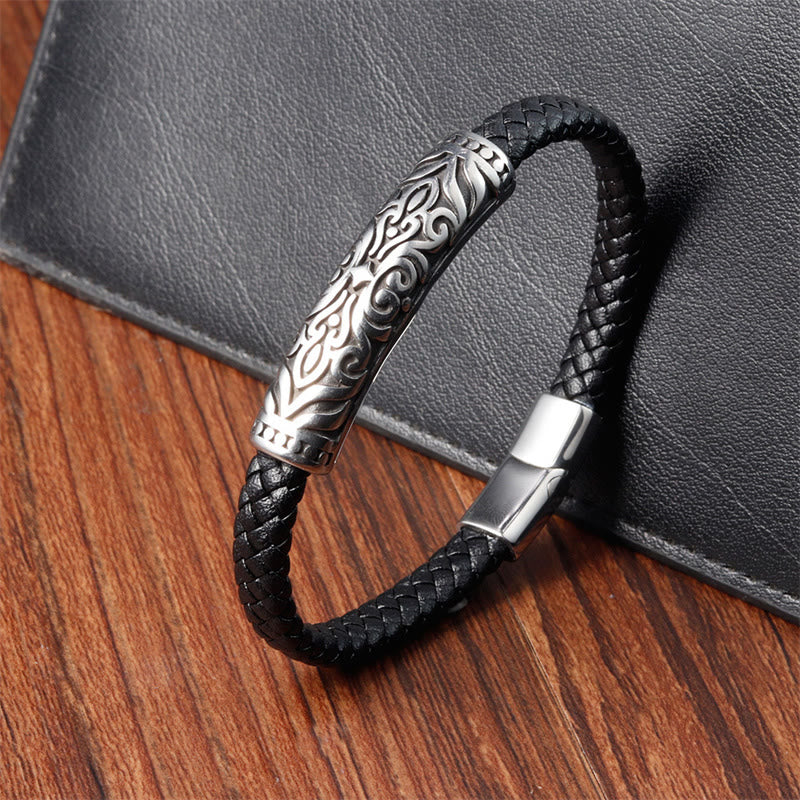 Buddha Stones Flower Pattern Design Titanium Steel Strengthen Leather Buckle Bracelet