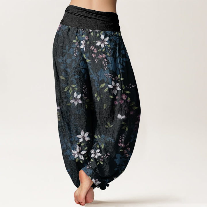 Buddha Stones Small White Blossoms Green Leaves Women's Elastic Waist Harem Pants