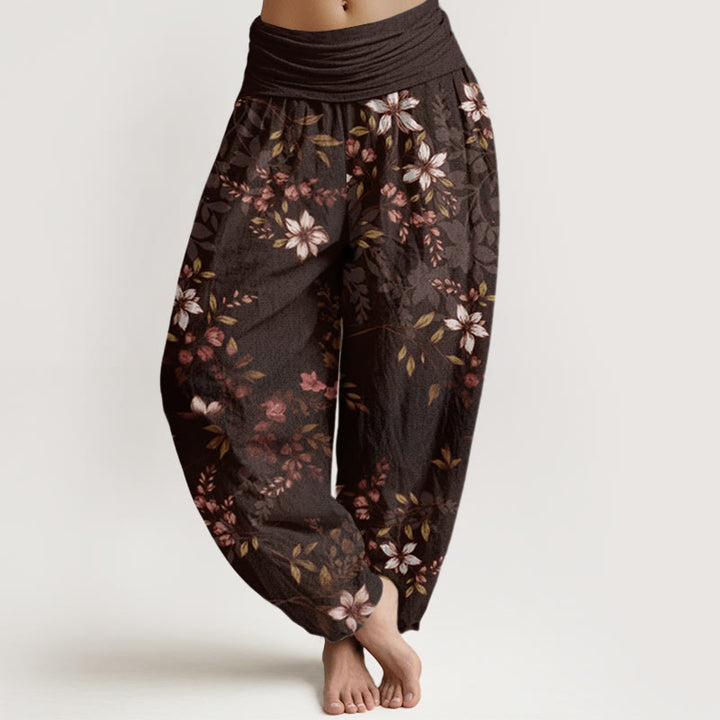 Buddha Stones Small White Blossoms Green Leaves Women's Elastic Waist Harem Pants