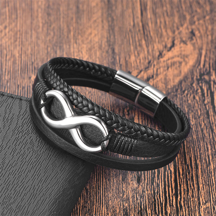 Buddha Stones Eternal Endless Knot Infinity Symbol Titanium Steel Calm Leather Buckle Bracelet