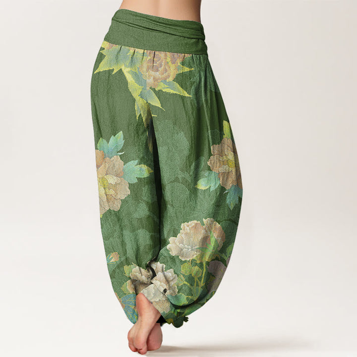 Buddha Stones Big Pink Peonies Green Leaves Women's Elastic Waist Harem Pants