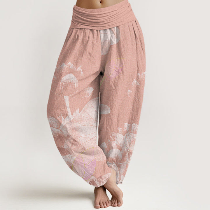 Buddha Stones Pink And White Lotus Women's Elastic Waist Harem Pants