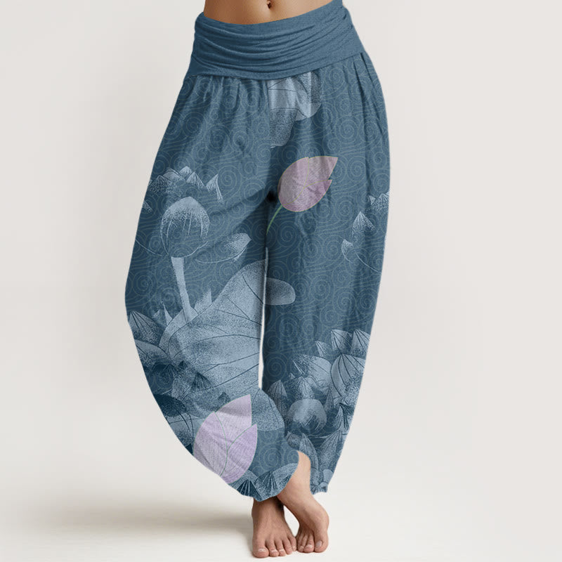 Buddha Stones Pink And White Lotus Women's Elastic Waist Harem Pants