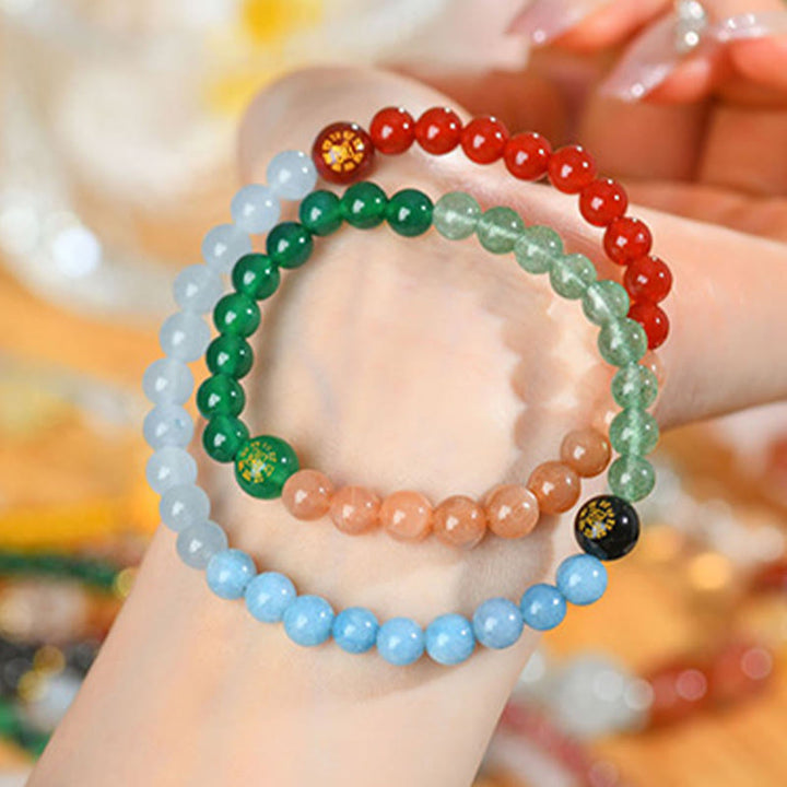 Buddha Stones Five Elements Various Crystal Agate Strawberry Quartz Wisdom Bracelet