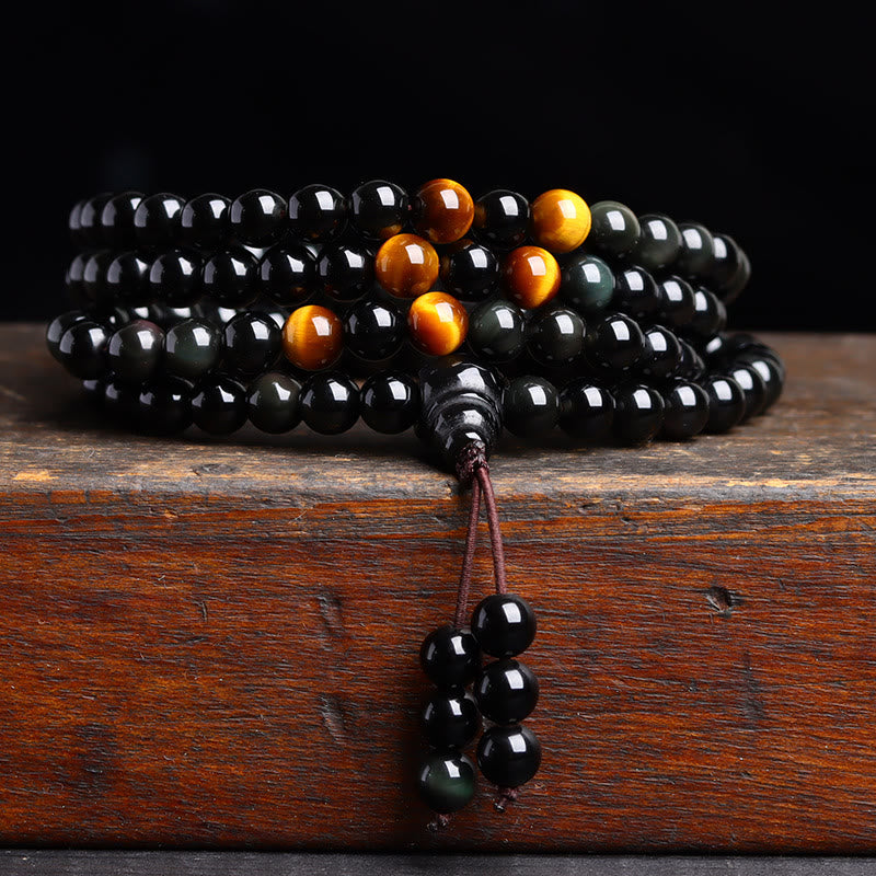 Buddha Stones 108 Mala Beads Black Obsidian lce Obsidian Fulfilment Bracelet