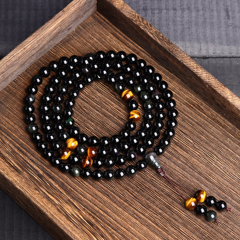 Buddha Stones 108 Mala Beads Black Obsidian lce Obsidian Fulfilment Bracelet