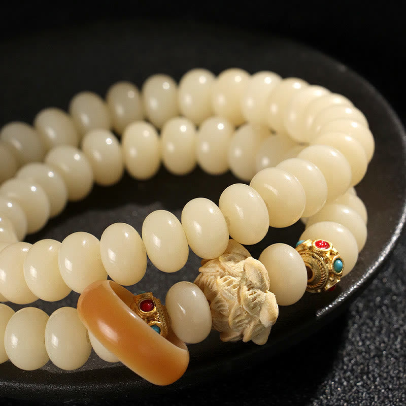 Buddha Stones Bodhi Seed Peach Wood Lotus Wealth Double Wrap Bracelet