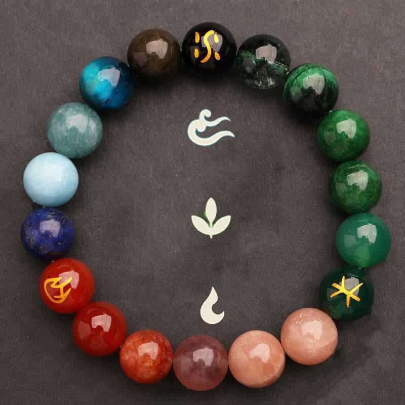 Buddha Stones Five Elements Various Agate Crystal Green Strawberry Quartz Sun Stone Wealth Bracelet