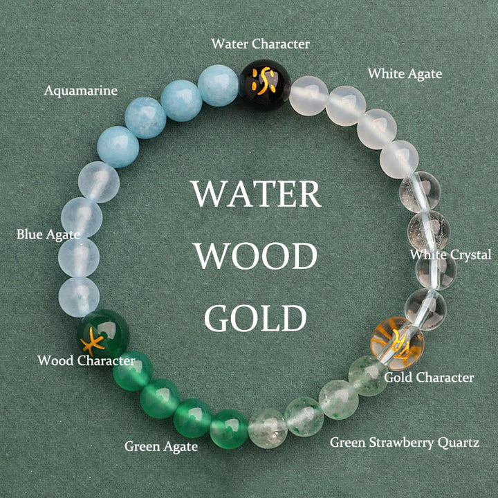Buddha Stones Five Elements Various Agate Crystal Green Strawberry Quartz Sun Stone Wealth Bracelet - Gold Water Wood(Wrist Circumference: 14-16cm) - 6mm - image 43