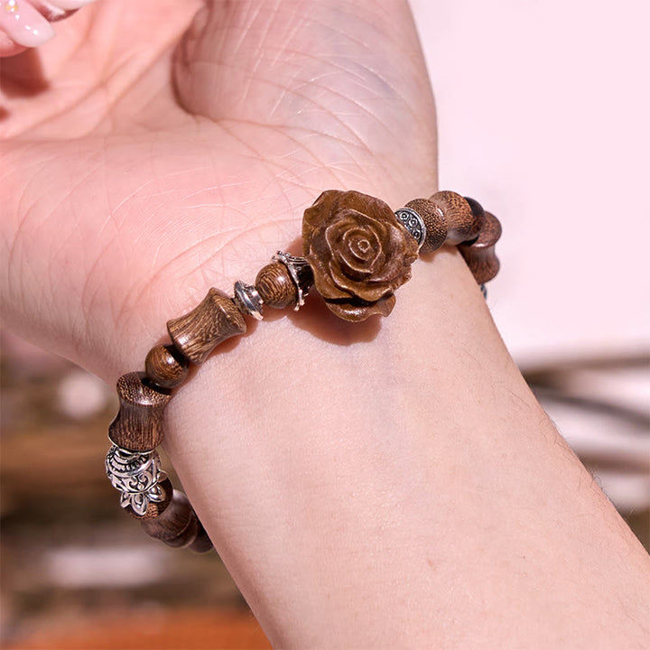 Buddha Stones Sandalwood Bamboo Pattern Camellia Healing Bracelet