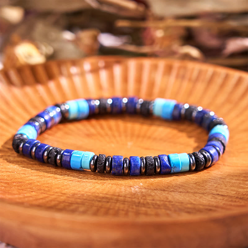 Buddha Stones Hematite Turquoise Lazurite Lapis Lazuli Lava Rock Black Glitter Stone Support Bracelet - 6mm Hematite Turquoise Lazurite(Wrist Circumference: 14-16cm) - image 0