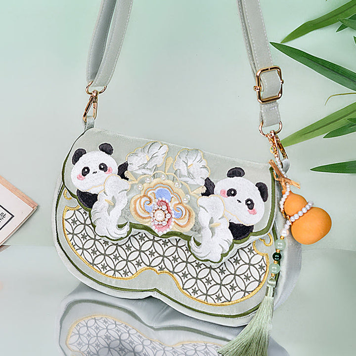 Buddha Stones Panda Flowers Gourd Pendant Shoulder Bag Crossbody Bag