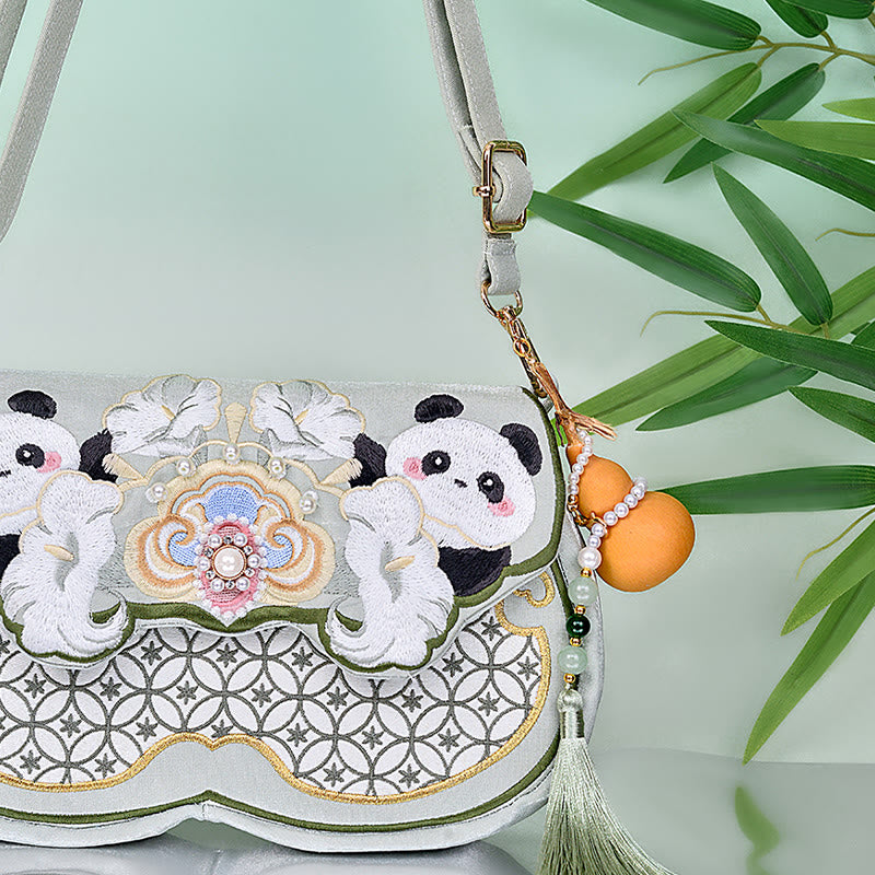 Buddha Stones Panda Flowers Gourd Pendant Shoulder Bag Crossbody Bag