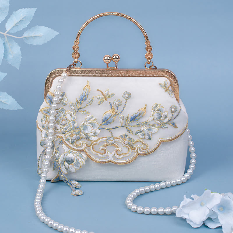 Buddha Stones Jasmine Flowers Embroidery Pearl Chain Crossbody Bag Handbags