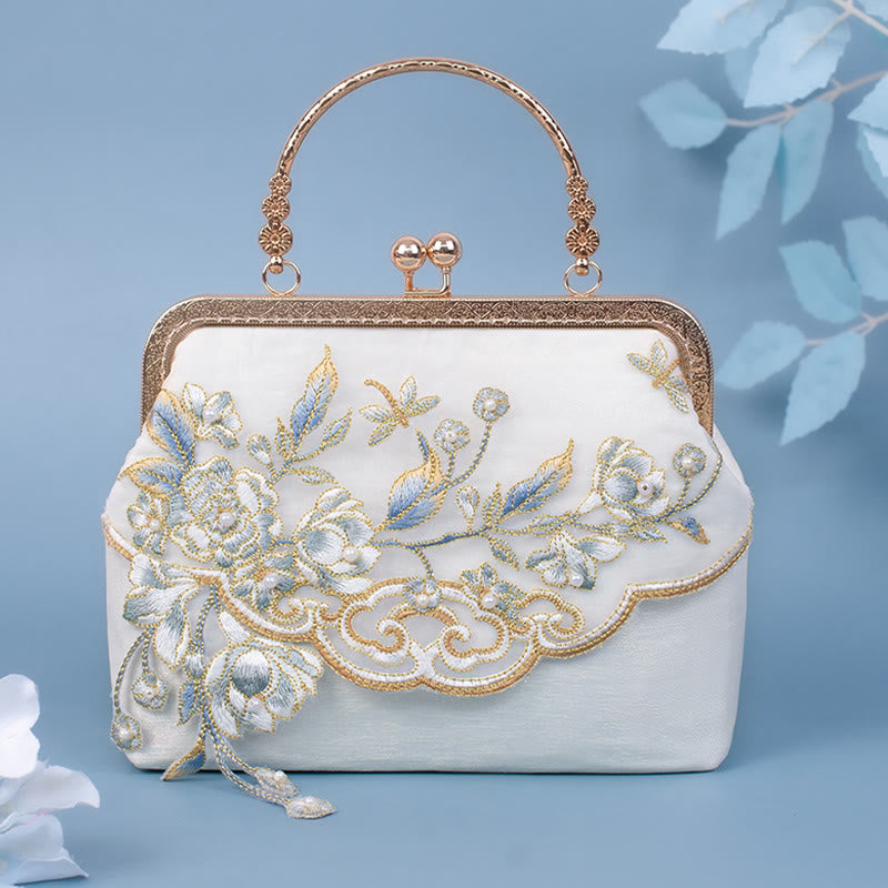 Buddha Stones Jasmine Flowers Embroidery Pearl Chain Crossbody Bag Handbags