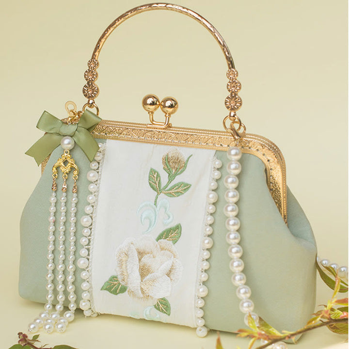 Buddha Stones Double-sided Flowers Embroidery Pearl Pendant Metal Chain Crossbody Bag Handbags