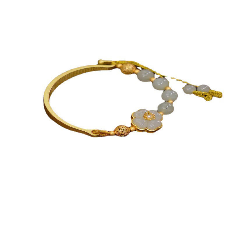 Buddha Stones Hetian Jade 925 Sterling Silver Flower Luck Cuff Half Bracelet Bangle - image 4