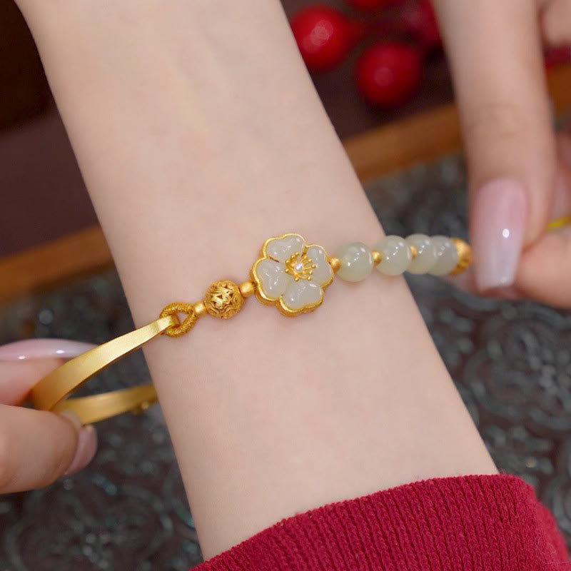 Buddha Stones Hetian Jade 925 Sterling Silver Flower Luck Cuff Half Bracelet Bangle - image 3