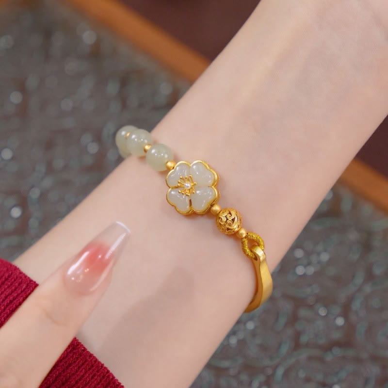 Buddha Stones Hetian Jade 925 Sterling Silver Flower Luck Cuff Half Bracelet Bangle - image 2
