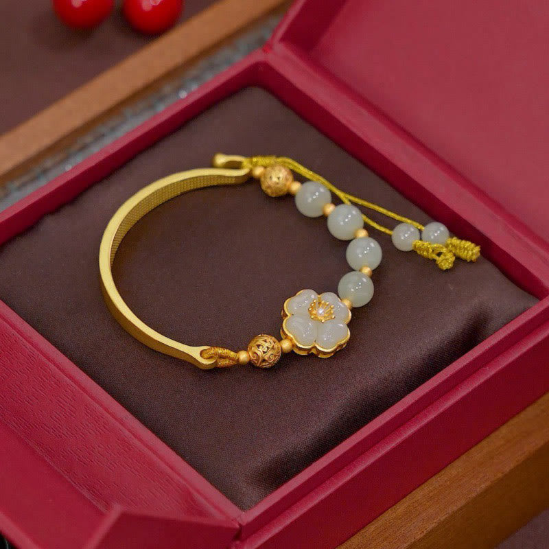 Buddha Stones Hetian Jade 925 Sterling Silver Flower Luck Cuff Half Bracelet Bangle - Hetian Jade 925 Sterling Silver(Adjustable) - image 1