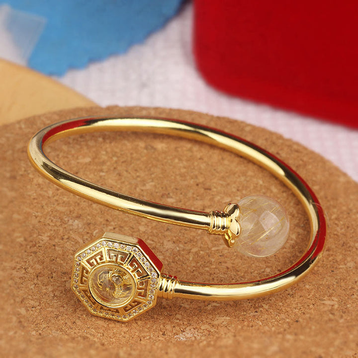 Buddha Stones Rutilated Quartz Copper Brass Rotatable Windmill Feng Sheng Shui Qi Courage Bracelet Bangle