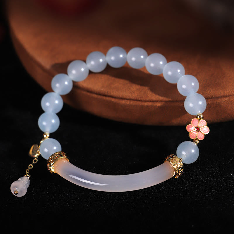 Buddha Stones Pink Crystal Blue Chalcedony Pearl Cuff Half Bracelet Bangle