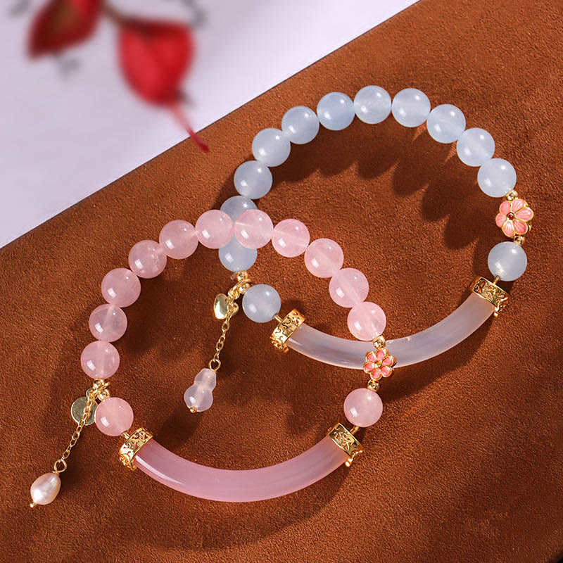 Buddha Stones Pink Crystal Blue Chalcedony Pearl Cuff Half Bracelet Bangle