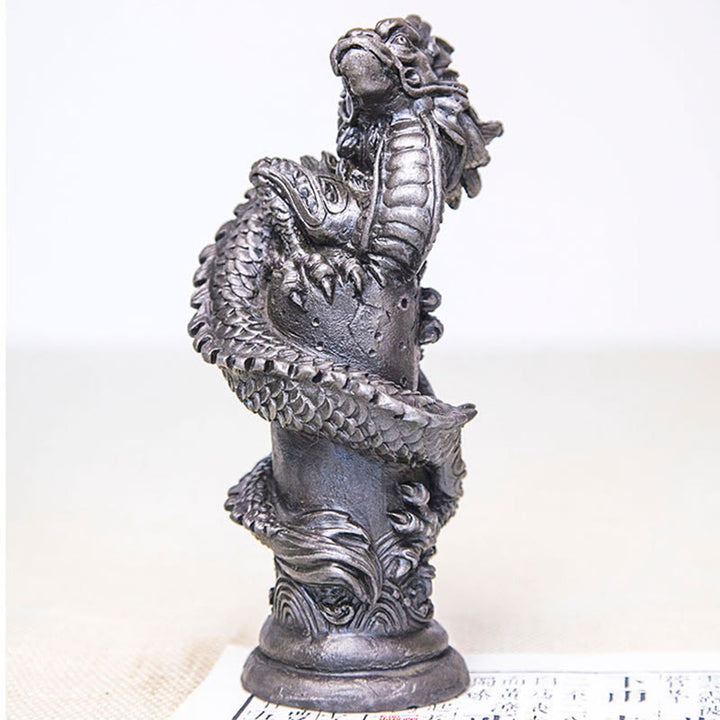 Buddha Stones Handmade Flying Dragon Around The Pillar Iron Powder Rust Cast Resin Statue Home Decoration