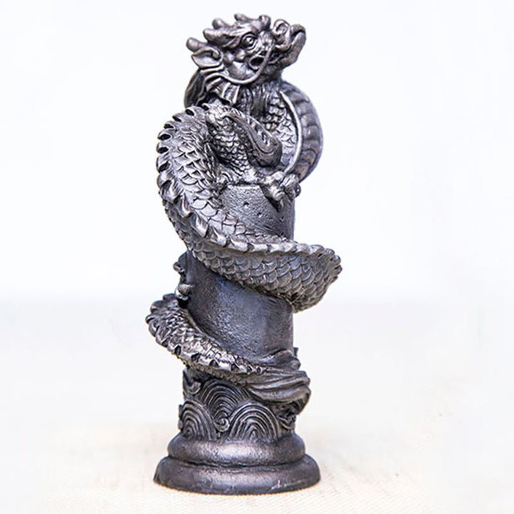 Buddha Stones Handmade Flying Dragon Around The Pillar Iron Powder Rust Cast Resin Statue Home Decoration