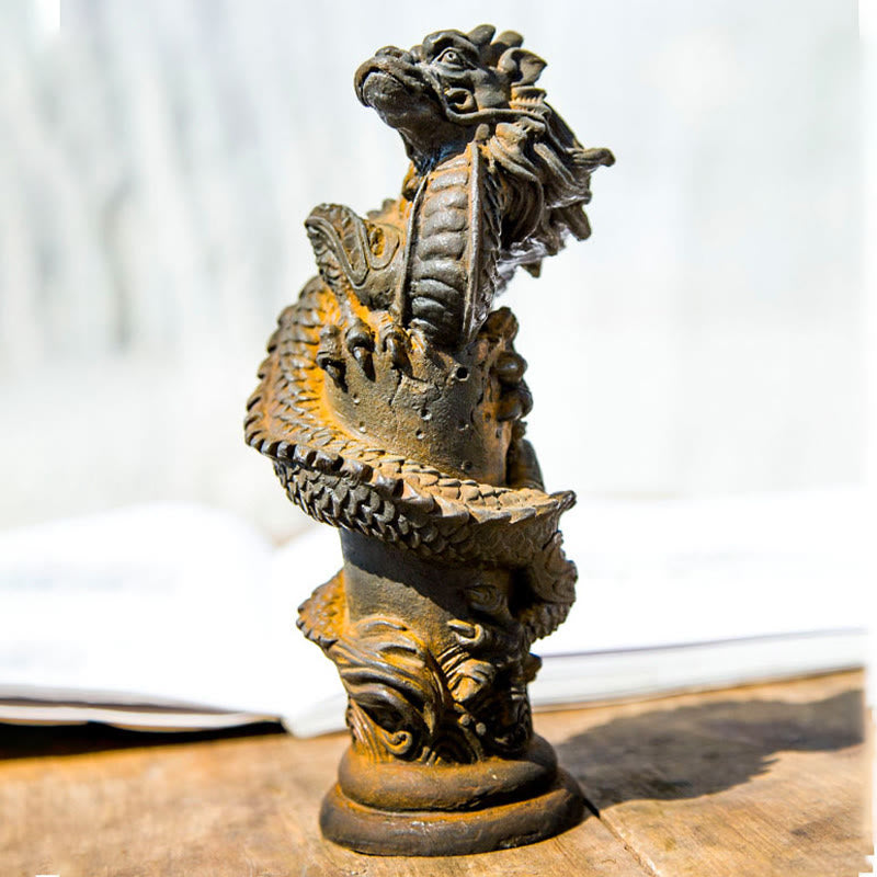 Buddha Stones Handmade Flying Dragon Around The Pillar Iron Powder Rust Cast Resin Statue Home Decoration - image 7