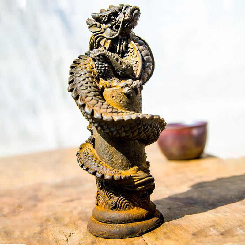 Buddha Stones Handmade Flying Dragon Around The Pillar Iron Powder Rust Cast Resin Statue Home Decoration