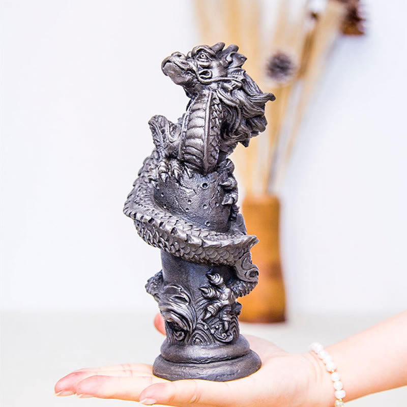 Buddha Stones Handmade Flying Dragon Around The Pillar Iron Powder Rust Cast Resin Statue Home Decoration