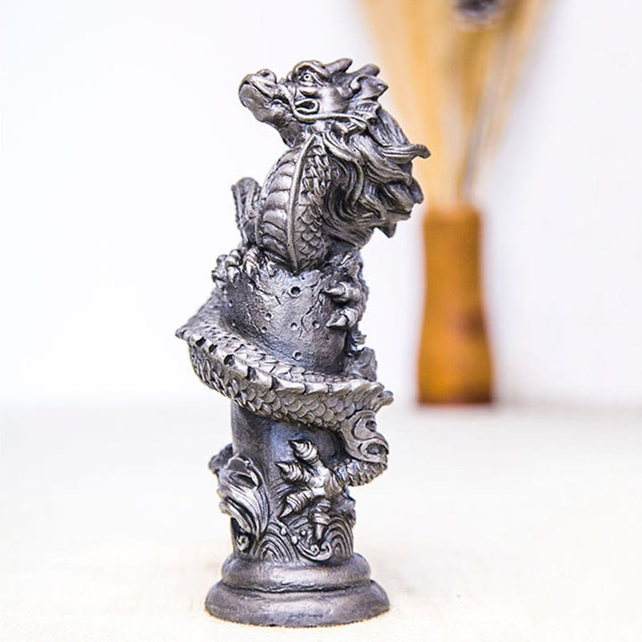 Buddha Stones Handmade Flying Dragon Around The Pillar Iron Powder Rust Cast Resin Statue Home Decoration