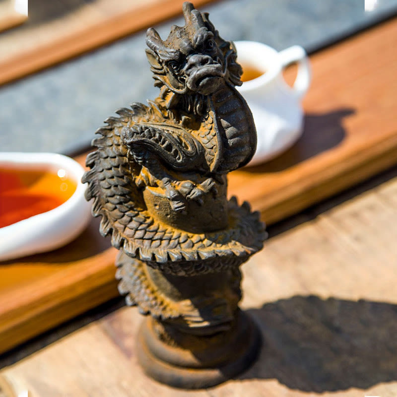 Buddha Stones Handmade Flying Dragon Around The Pillar Iron Powder Rust Cast Resin Statue Home Decoration