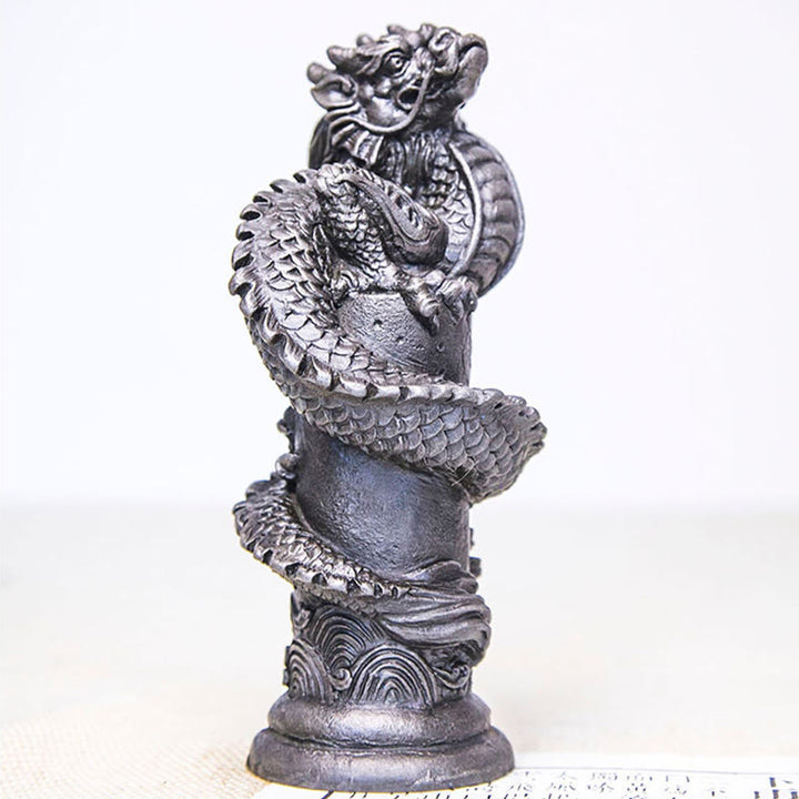 Buddha Stones Handmade Flying Dragon Around The Pillar Iron Powder Rust Cast Resin Statue Home Decoration