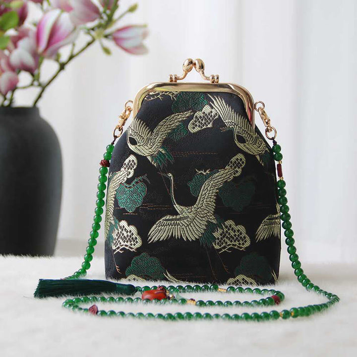 Buddha Stones Retro Chinese Embroidery Pearl Chain Crossbody Bag Shoudler Bag