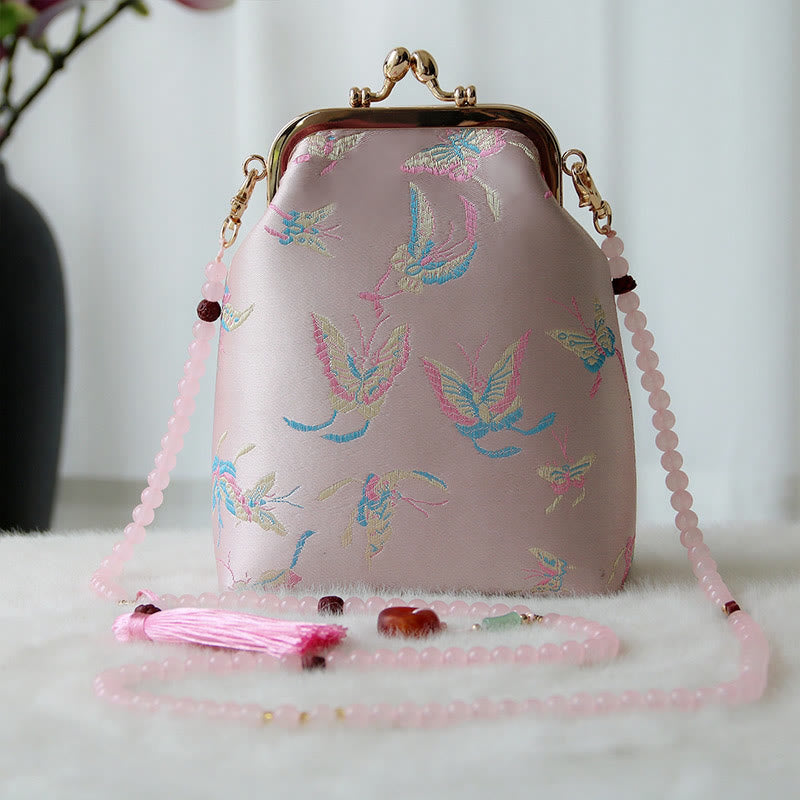 Buddha Stones Retro Chinese Embroidery Pearl Chain Crossbody Bag Shoudler Bag