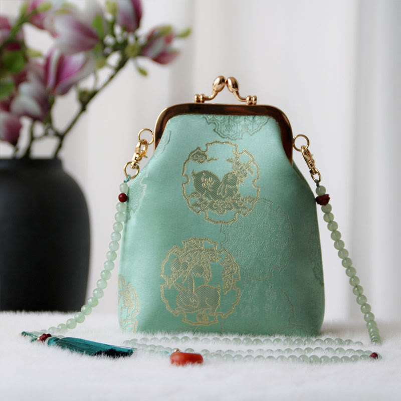 Buddha Stones Retro Chinese Embroidery Pearl Chain Crossbody Bag Shoudler Bag