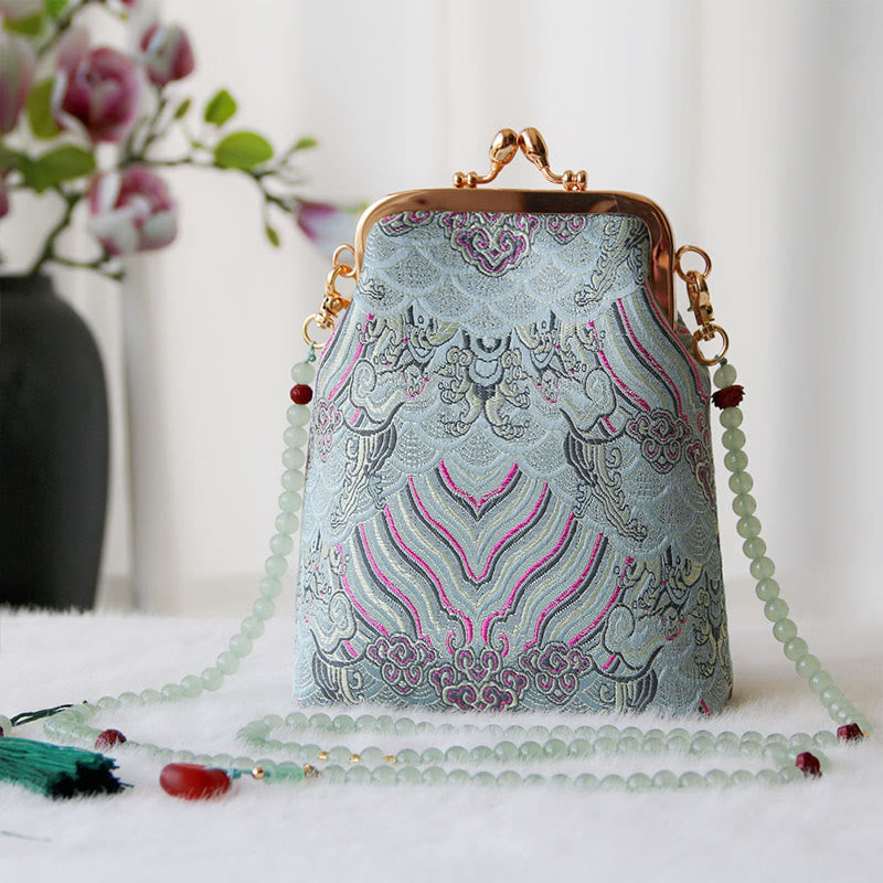 Buddha Stones Retro Chinese Embroidery Pearl Chain Crossbody Bag Shoudler Bag