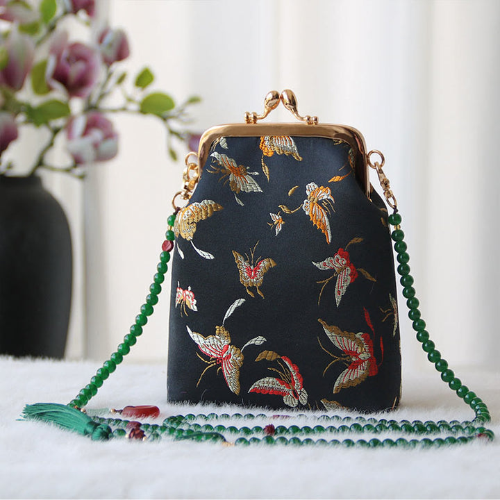 Buddha Stones Retro Chinese Embroidery Pearl Chain Crossbody Bag Shoudler Bag