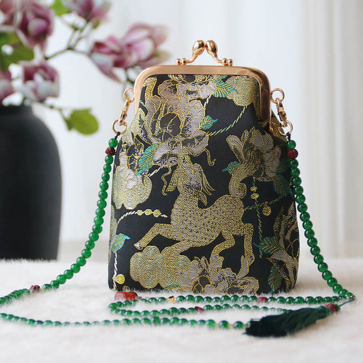 Buddha Stones Retro Chinese Embroidery Pearl Chain Crossbody Bag Shoudler Bag