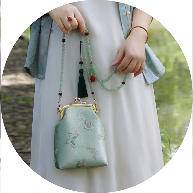 Buddha Stones Retro Chinese Embroidery Pearl Chain Crossbody Bag Shoudler Bag