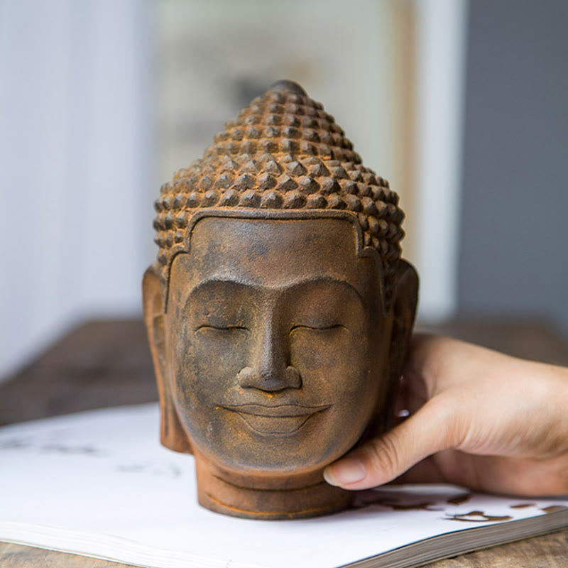 Buddha Stones Closed Eyes Contemplation Meditating Buddha Head Iron Powder Rust Cast Resin Statue Home Decoration - image 9