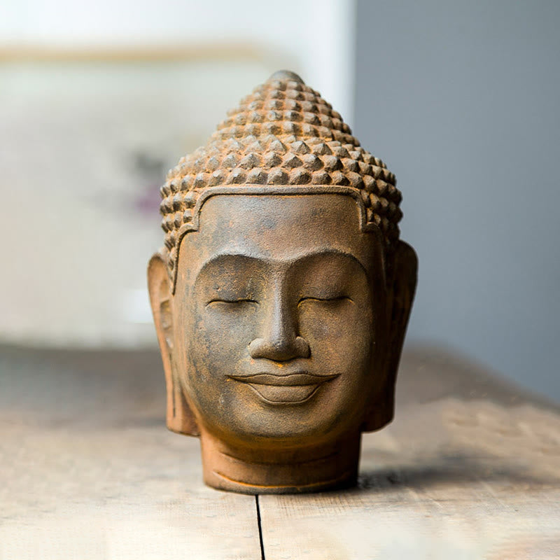 Buddha Stones Closed Eyes Contemplation Meditating Buddha Head Iron Powder Rust Cast Resin Statue Home Decoration