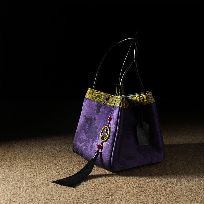 Buddha Stones Plum Flower Bamboo Branches Embroidery Tassel Xiangyunsha Silk Shoulder Bag Hangbags