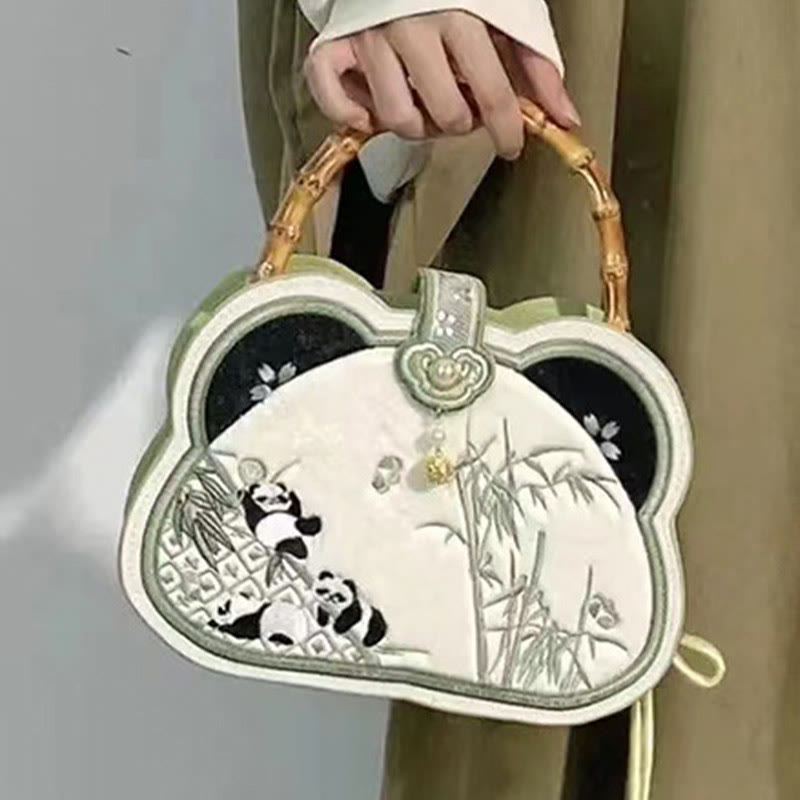 Buddha Stones Panda Bamboo Embroidery Pearl Chain Chinese Knot Tassel Crossbody Bag Handbags