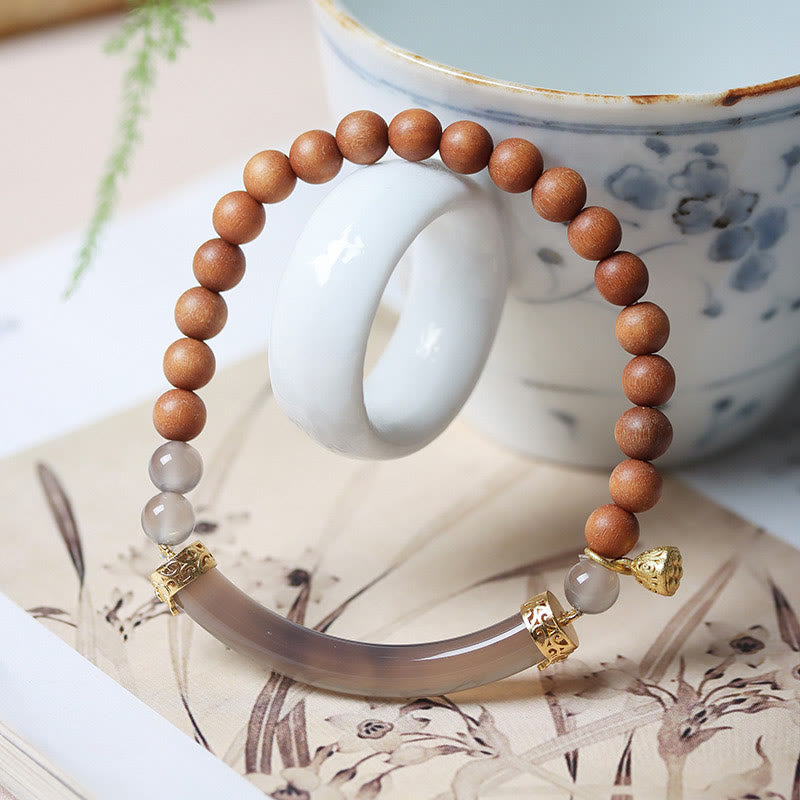 Buddha Stones Sandalwood Gray Agate Chalcedony Cuff Half Bracelet Bangle