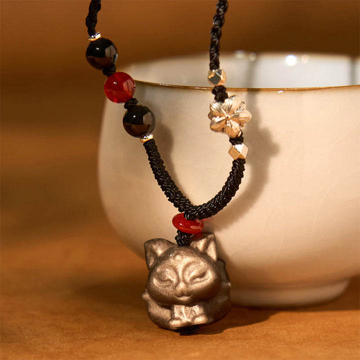 Buddha Stones Natural Silver Sheen Obsidian Nine Tailed Fox Protection Necklace Pendant