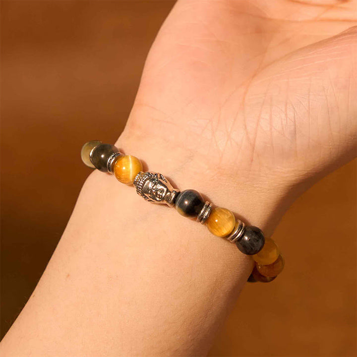 Buddha Stones Blue Green Red Tiger Eye Buddha Head Balance Bracelet