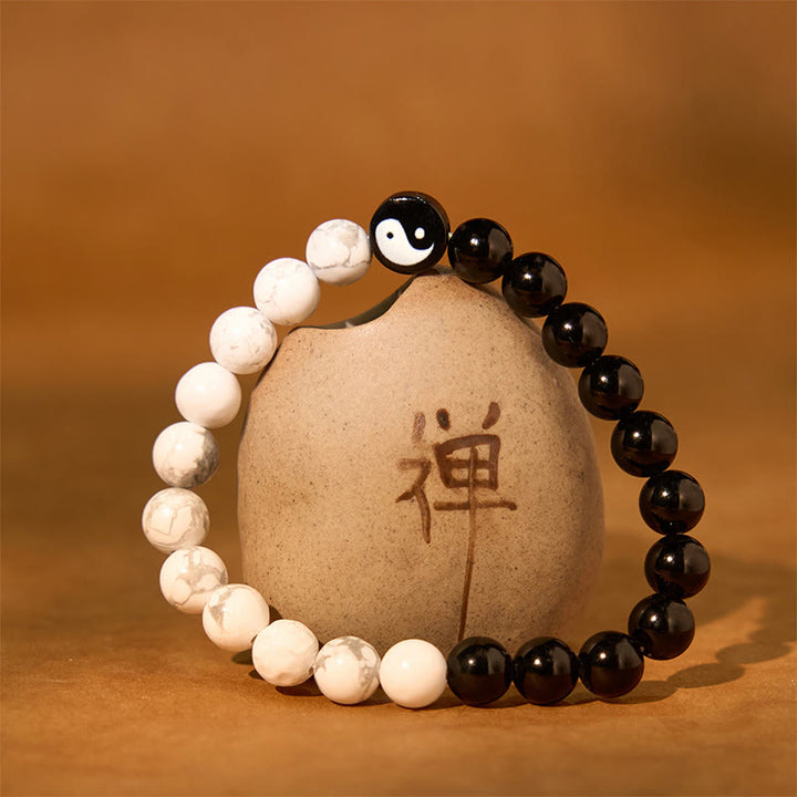 Buddha Stones Natural Obsidian White Turquoise Yinyang Tai Chi Strength Bracelet